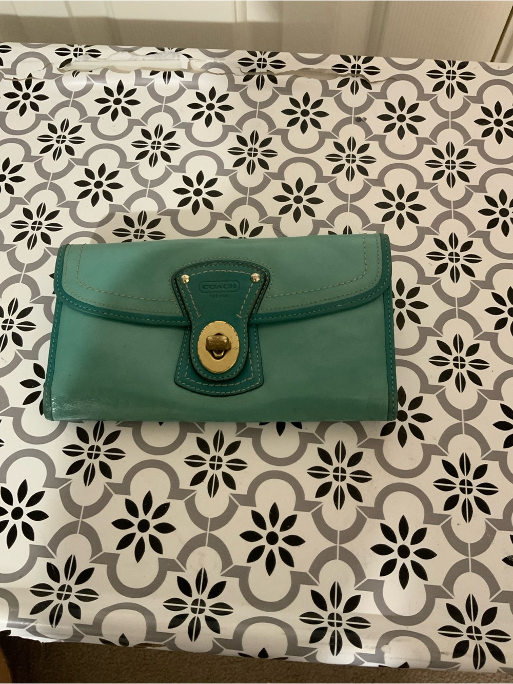 Vintage Y2K Coach Ali Legacy Turn Lock Teal Leather Wallet.